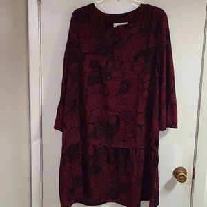 Loft Burgundy Red Black Floral Drop Waist Bell 3/4 Sleeve Mini Dress